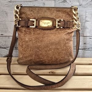 Michael Kors Hamilton Cross Body Bag Brown Ostrich Embossed Leather